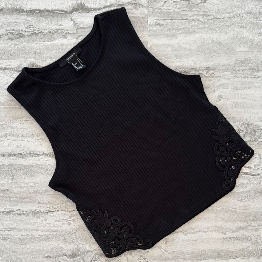 Black Ribbed Lace Bottom Cropped Top